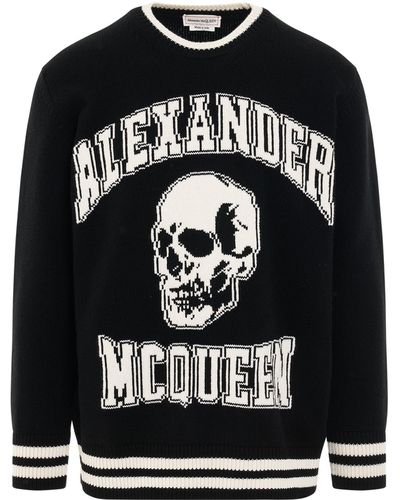 Alexander McQueen Varsity Logo Jacquard Knit Sweater, Round Neck, Long Sleeves, /Ivory, 100% Wool, Size: Medium - Black