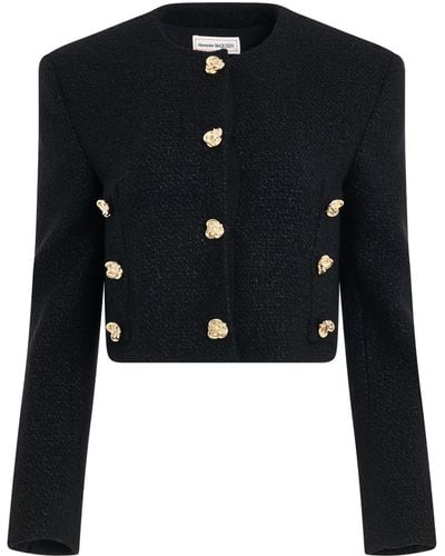 Alexander McQueen Boxy Tweed Jacket, Round Neck, Long Sleeves, , 100% Cotton - Black