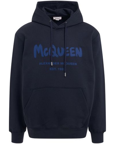 Alexander McQueen Graffiti Print Hoodie, Long Sleeves, /Cobalt, 100% Cotton - Blue