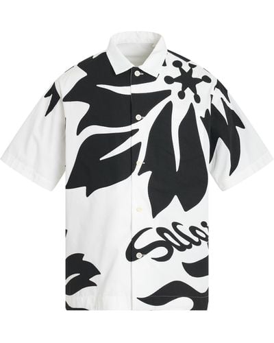Sacai Floral Embroidered Patch Cotton Poplin Shirt, Short Sleeves, Off/, 100% Cotton - Black