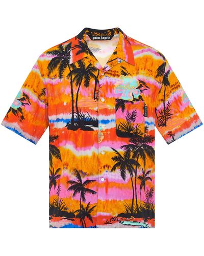 Palm Angels Psychedelic Palms Bowling Shirt, Short Sleeves, , 100% Viscose - Orange