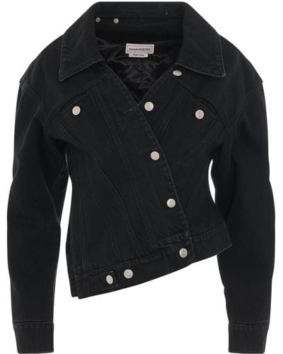 Alexander McQueen Twisted Asymmetric Denim Jacket, Long Sleeves, , 100% Cotton - Black