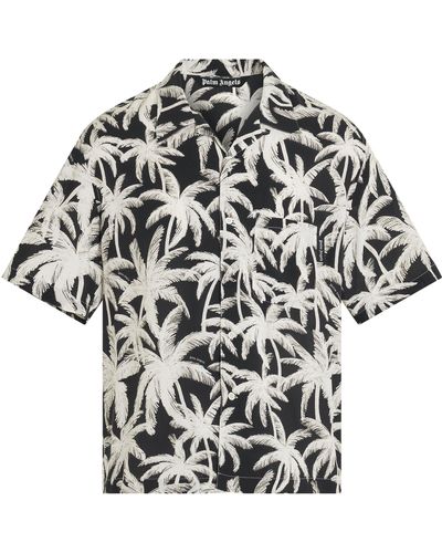 Palm Angels Palms Allover Short Sleeve Shirt, /Off, 100% Viscose - Black