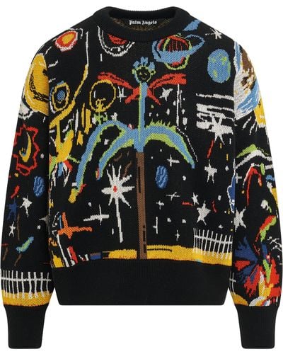 Palm Angels Starry Night Jacquard Sweater, Long Sleeves, , 100% Cotton, Size: Medium - Black