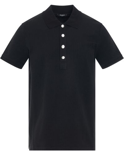 Balmain Monogram Cotton Pique Polo, Short Sleeves, , 100% Cotton, Size: Medium - Black