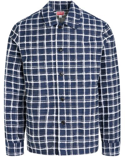 KENZO Check Jacquard Overshirt, Long Sleeves, Midnight, 100% Cotton, Size: Medium - Blue