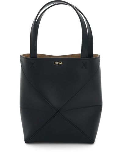 Loewe Mini Puzzle Fold Tote Bag In Calfskin In Black