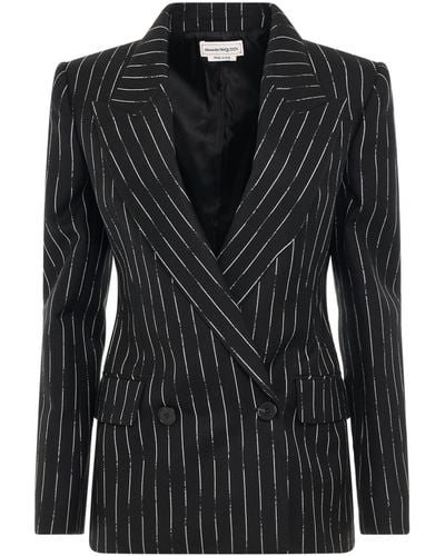 Alexander McQueen Certified Broken Stripe Wool Suit Jacket, Long Sleeves, /Ivory, 100% Wool - Black