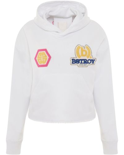 Givenchy Bstroy Embroidered Patch Cropped Hoodie, Long Sleeves, , 100% Cotton, Size: Medium - White