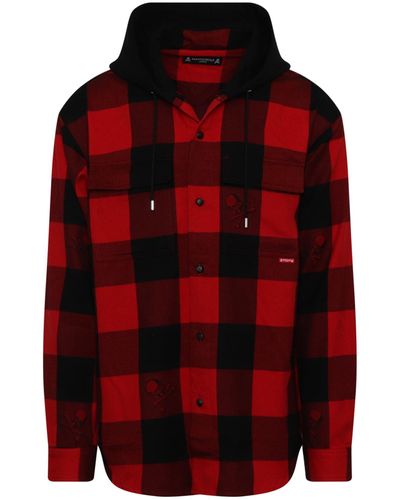 Mastermind Japan Hooded Plaid Shirt, /Buffalo, 100% Cotton, Size: Medium - Red
