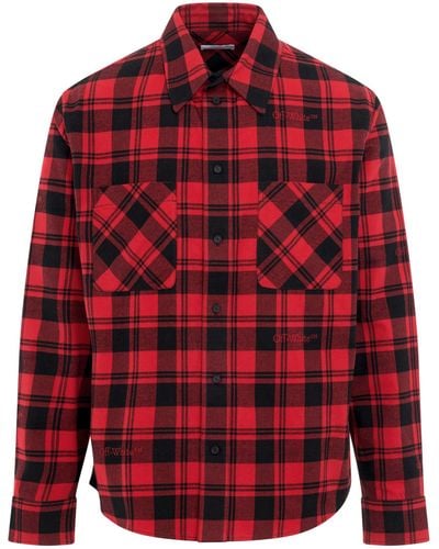 Off-White c/o Virgil Abloh Off- Check Flannel Shirts, Long Sleeves, /, 100% Cotton, Size: Large - Red