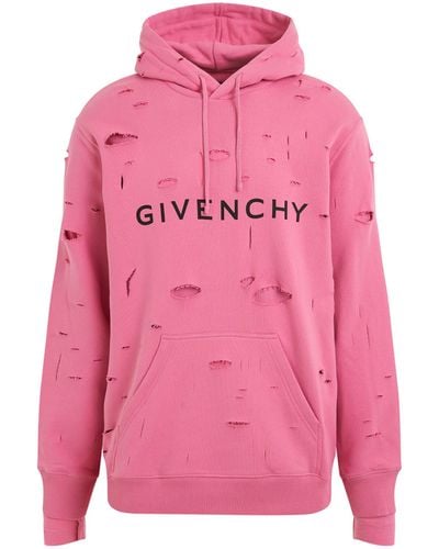Givenchy Archetype Hoodie With Destroyed Effect, Long Sleeves, Bright, 100% Cotton - Pink