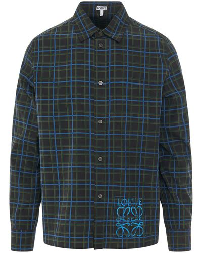 Loewe Anagram Stamp Check Shirt, Long Sleeves, Dark/, 100% Cotton - Blue