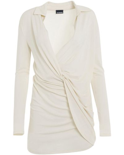 Jacquemus 'Bahia Twist Jersey Dress, Long Sleeves, Off, Size: Small - White