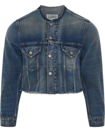 Maison Margiela Cropped Collarless Denim Jacket, Round Neck, Long Sleeves, , 100% Cotton - Blue