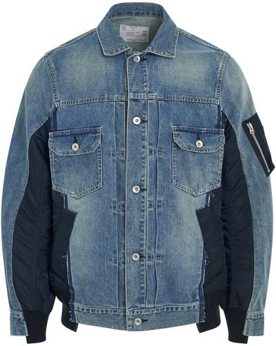 Sacai X Denim X Nylon Twill Bomber Jacket, Long Sleeves, Light, 100% Cotton - Blue