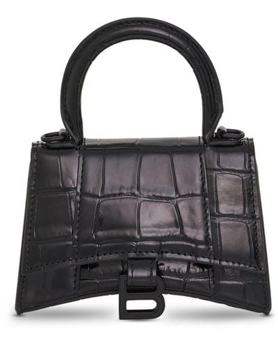 Balenciaga Hourglass Mini Croco Embossed Chain Bag, , 100% Calfskin Leather - Black