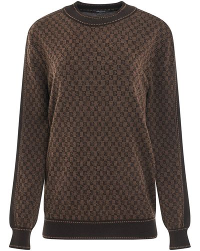 Balmain Monogram Jacquard Knitted Pullover, Long Sleeves, , 100% Goat Mohair - Brown