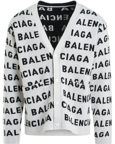 Balenciaga All-Over Logo Knit Cardigan, Long Sleeves - Black