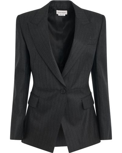 Alexander McQueen Sharp Peplum Jacket, Long Sleeves, Dark, 100% Wool - Black