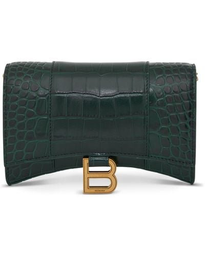 Balenciaga Hourglass Embossed Croco Wallet On Chain, Forest, 100% Leather - Green
