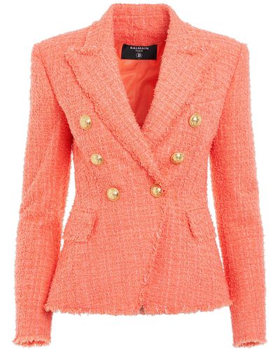 Balmain 6 Buttons Double Breasted Tweed Jacket, Long Sleeves, , 100% Cotton - Pink
