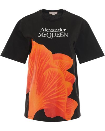 Alexander McQueen Orange Mushrom Print T-shirt In Black