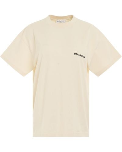 Balenciaga Back Logo Medium Fit T-Shirt, Round Neck, Short Sleeves, Cream/, 100% Cotton - Natural