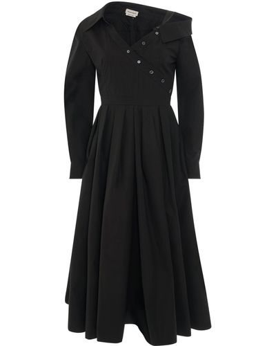 Alexander McQueen Drop Shoulder Midi Dress, Long Sleeves, , 100% Cotton - Black