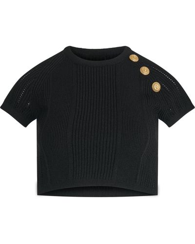 Balmain 3 Button See Through Knit Crop Top, Short Sleeves, , 100% Polyester - Black