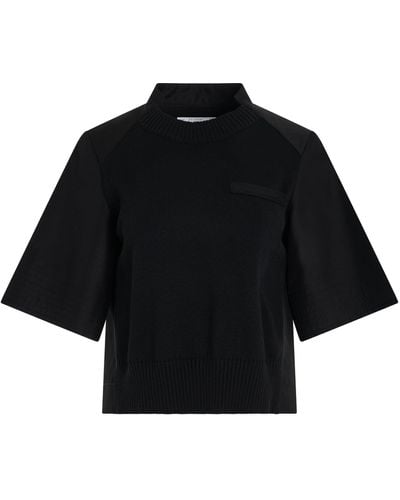 Sacai X Cotton Gabardine X Knit Pullover, Short Sleeves, , 100% Cotton - Black