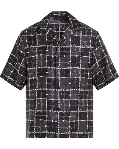 Amiri Charm Check Bowling Shirt, Short Sleeves, , 100% Silk, Size: Large - Black