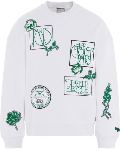 WOOYOUNGMI Embroidered French Words & Flowers Sweater In White
