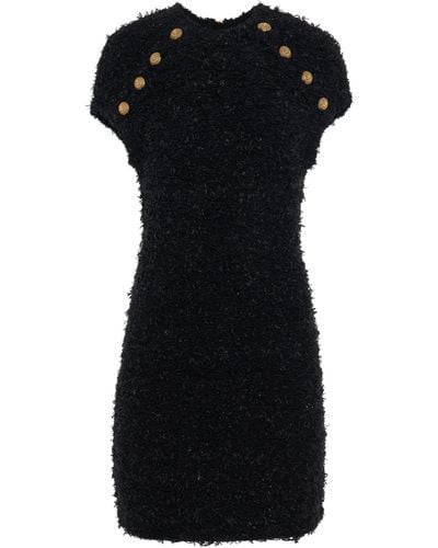 Balmain Sleeveless 8 Button Tweed Short Dress In Black