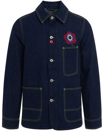 KENZO 'Logo Target Workwear Jacket, Rinse Denim, 100% Cotton, Size: Small - Blue