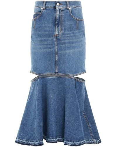 Alexander McQueen Slashed Midi Denim Skirt, Wash, 100% Cotton - Blue