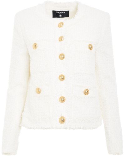 Balmain Collarless 4 Pockets Tweed Jacket, Long Sleeves, , 100% Cotton - White