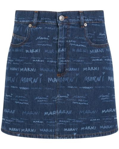 Marni All Over Logo Skirt, Iris, 100% Cotton - Blue