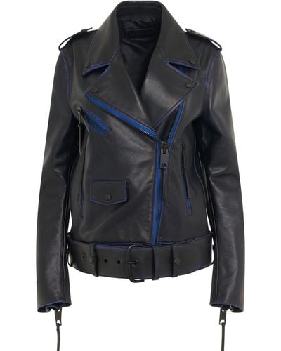 Off-White c/o Virgil Abloh Off- Vintage Oversize Leather Biker Jacket, Long Sleeves, , 100% Cotton - Blue