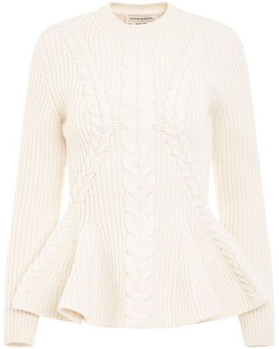 Alexander McQueen 'Cable Peplum Knit Sweater, Long Sleeves, , 100% Cashmere, Size: Small - White