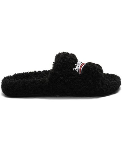 Balenciaga Logo Furry Slide Sandals, /, 100% Polyester - Black