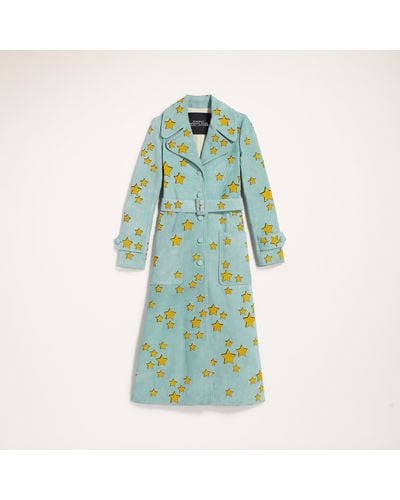 Marc Jacobs Women's Suede Trench Coat With Star Applique In Pale Turquoise, Size 2 - Multicolor