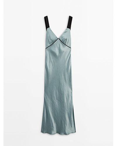 MASSIMO DUTTI Satin Dress With Contrast Details - Blue