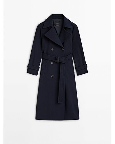 MASSIMO DUTTI Wool Blend Trench Coat - Blue