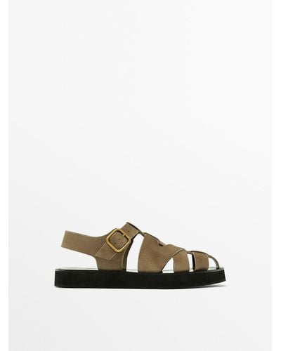MASSIMO DUTTI Split Suede Cage Sandals With Buckle - White