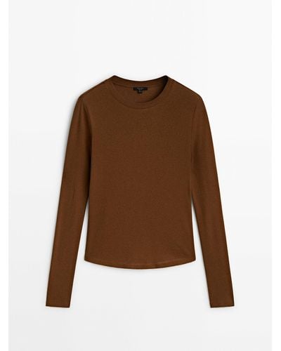 MASSIMO DUTTI Long Sleeve Cotton Blend T-Shirt - Brown