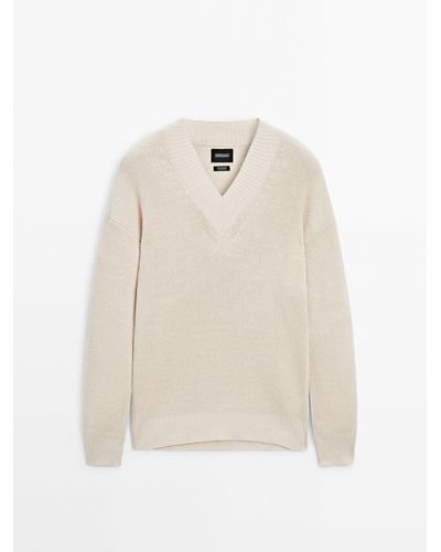 MASSIMO DUTTI Linen Blend Knit V-Neck Sweater -Limited Edition - White