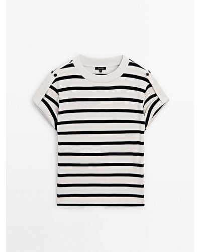 MASSIMO DUTTI Striped Ribbed T-Shirt With Buttoned Shoulder Detail - Gray