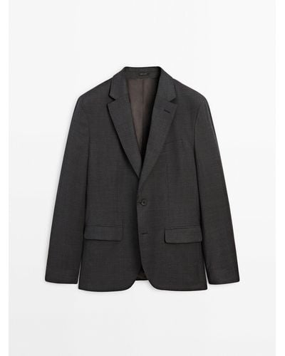 MASSIMO DUTTI Check 100% Wool Suit Blazer - Black