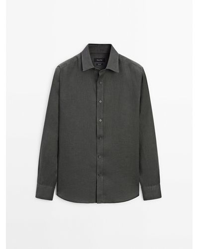 MASSIMO DUTTI Dyed Thread Regular Fit Linen Shirt - Gray
